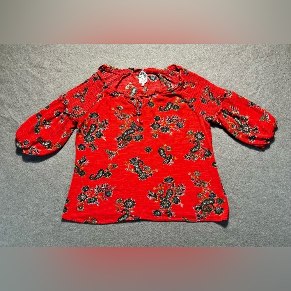 Naif Petite Women’s Blouse Red Paisley Floral Rayon Peasant Top Size L